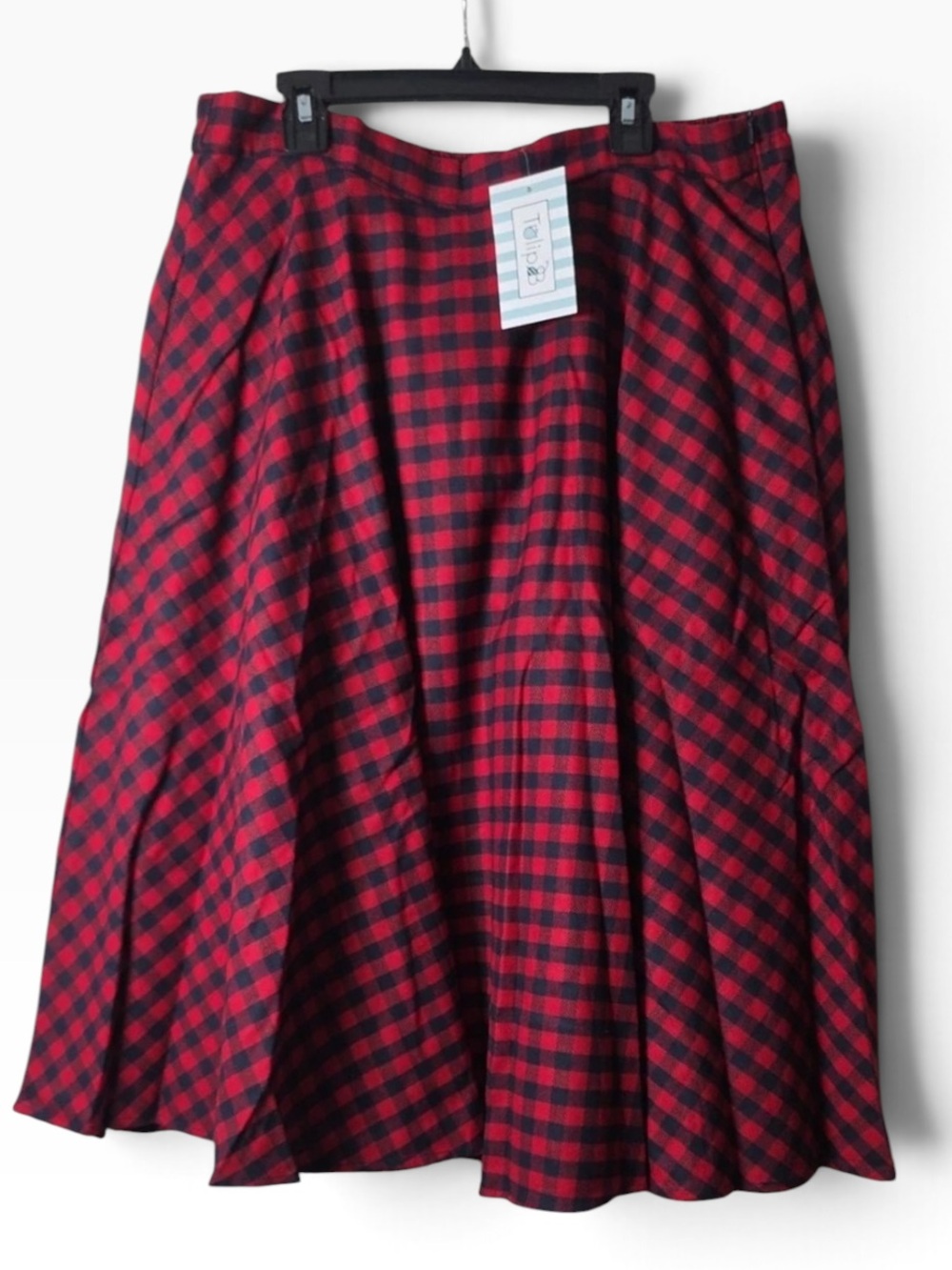 Tulip B Red Navy Buffalo Plaid Flannel Midi Skirt XL Pockets Holiday - Picture 4 of 8
